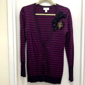 Purple and pink striped long cardigan with satin bow & rhinestone brooch detail